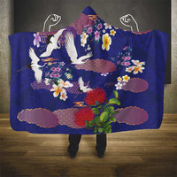 Hawaiian and Japanese Culture Together Hooded Blanket Blue Ohia Lehua Plumeria and Sakura Blooming - Polynesian Pride