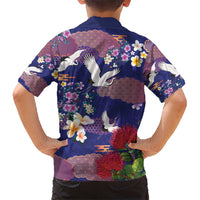 Hawaiian and Japanese Culture Together Kid Hawaiian Shirt Blue Ohia Lehua Plumeria and Sakura Blooming - Polynesian Pride