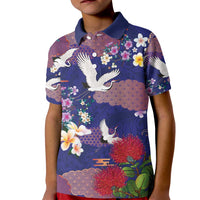Hawaiian and Japanese Culture Together Kid Polo Shirt Blue Ohia Lehua Plumeria and Sakura Blooming - Polynesian Pride