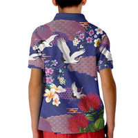 Hawaiian and Japanese Culture Together Kid Polo Shirt Blue Ohia Lehua Plumeria and Sakura Blooming - Polynesian Pride