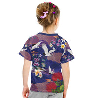 Hawaiian and Japanese Culture Together Kid T Shirt Blue Ohia Lehua Plumeria and Sakura Blooming - Polynesian Pride