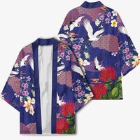 Hawaiian and Japanese Culture Together Kimono Blue Ohia Lehua Plumeria and Sakura Blooming - Polynesian Pride