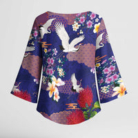 Hawaiian and Japanese Culture Together Kimono Sleeve Blouse Blue Ohia Lehua Plumeria and Sakura Blooming - Polynesian Pride
