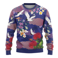 Hawaiian and Japanese Culture Together Ugly Christmas Sweater Blue Ohia Lehua Plumeria and Sakura Blooming - Polynesian Pride