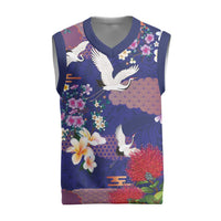 Hawaiian and Japanese Culture Together Christmas Knitted V-Neck Vest Blue Ohia Lehua Plumeria and Sakura Blooming - Polynesian Pride