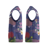 Hawaiian and Japanese Culture Together Christmas Knitted V-Neck Vest Blue Ohia Lehua Plumeria and Sakura Blooming - Polynesian Pride