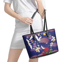 Hawaiian and Japanese Culture Together Leather Tote Bag Blue Ohia Lehua Plumeria and Sakura Blooming - Polynesian Pride