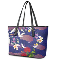 Hawaiian and Japanese Culture Together Leather Tote Bag Blue Ohia Lehua Plumeria and Sakura Blooming - Polynesian Pride