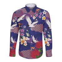 Hawaiian and Japanese Culture Together Long Sleeve Button Shirt Blue Ohia Lehua Plumeria and Sakura Blooming - Polynesian Pride