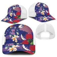 Hawaiian and Japanese Culture Together Mesh Trucker Cap Blue Ohia Lehua Plumeria and Sakura Blooming - Polynesian Pride