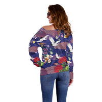 Hawaiian and Japanese Culture Together Off Shoulder Sweater Blue Ohia Lehua Plumeria and Sakura Blooming - Polynesian Pride
