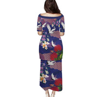 Hawaiian and Japanese Culture Together Puletasi Blue Ohia Lehua Plumeria and Sakura Blooming - Polynesian Pride