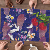 Hawaiian and Japanese Culture Together Puzzle Blue Ohia Lehua Plumeria and Sakura Blooming - Polynesian Pride