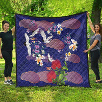 Hawaiian and Japanese Culture Together Quilt Blue Ohia Lehua Plumeria and Sakura Blooming - Polynesian Pride
