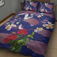 Hawaiian and Japanese Culture Together Quilt Bed Set Blue Ohia Lehua Plumeria and Sakura Blooming - Polynesian Pride