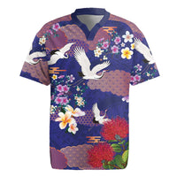 Hawaiian and Japanese Culture Together Rugby Jersey Blue Ohia Lehua Plumeria and Sakura Blooming - Polynesian Pride