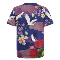 Hawaiian and Japanese Culture Together Rugby Jersey Blue Ohia Lehua Plumeria and Sakura Blooming - Polynesian Pride