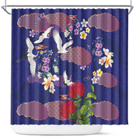 Hawaiian and Japanese Culture Together Shower Curtain Blue Ohia Lehua Plumeria and Sakura Blooming - Polynesian Pride