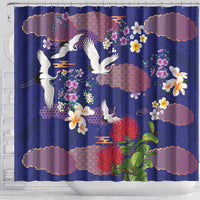 Hawaiian and Japanese Culture Together Shower Curtain Blue Ohia Lehua Plumeria and Sakura Blooming - Polynesian Pride