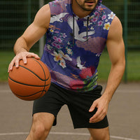 Hawaiian and Japanese Culture Together Sleeveless Hoodie Blue Ohia Lehua Plumeria and Sakura Blooming - Polynesian Pride