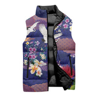 Hawaiian and Japanese Culture Together Sleeveless Puffer Jacket Blue Ohia Lehua Plumeria and Sakura Blooming - Polynesian Pride