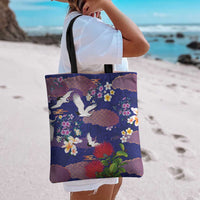 Hawaiian and Japanese Culture Together Tote Bag Blue Ohia Lehua Plumeria and Sakura Blooming - Polynesian Pride