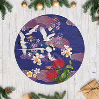 Hawaiian and Japanese Culture Together Tree Skirt Blue Ohia Lehua Plumeria and Sakura Blooming - Polynesian Pride