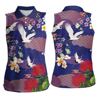 Hawaiian and Japanese Culture Together Women Sleeveless Polo Shirt Blue Ohia Lehua Plumeria and Sakura Blooming - Polynesian Pride