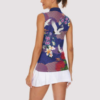 Hawaiian and Japanese Culture Together Women Sleeveless Polo Shirt Blue Ohia Lehua Plumeria and Sakura Blooming - Polynesian Pride