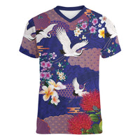 Hawaiian and Japanese Culture Together Women V-Neck T-Shirt Blue Ohia Lehua Plumeria and Sakura Blooming - Polynesian Pride