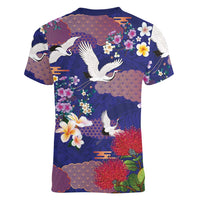 Hawaiian and Japanese Culture Together Women V-Neck T-Shirt Blue Ohia Lehua Plumeria and Sakura Blooming - Polynesian Pride