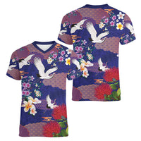 Hawaiian and Japanese Culture Together Women V-Neck T-Shirt Blue Ohia Lehua Plumeria and Sakura Blooming - Polynesian Pride