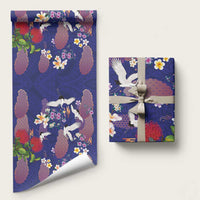 Hawaiian and Japanese Culture Together Wrapping Paper Blue Ohia Lehua Plumeria and Sakura Blooming - Polynesian Pride