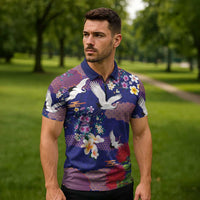 Hawaiian and Japanese Culture Together Zipper Polo Shirt Blue Ohia Lehua Plumeria and Sakura Blooming LT03 - Polynesian Pride