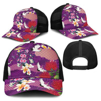 Hawaiian and Japanese Culture Together Baseball Net Cap Purple Ohia Lehua Plumeria and Sakura Blooming - Polynesian Pride