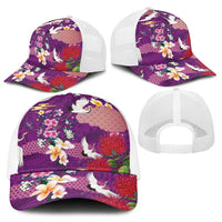 Hawaiian and Japanese Culture Together Baseball Net Cap Purple Ohia Lehua Plumeria and Sakura Blooming LT03 - Polynesian Pride