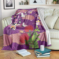 Hawaiian and Japanese Culture Together Blanket Purple Ohia Lehua Plumeria and Sakura Blooming - Polynesian Pride