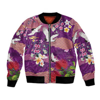 Hawaiian and Japanese Culture Together Bomber Jacket Purple Ohia Lehua Plumeria and Sakura Blooming - Polynesian Pride