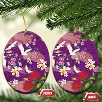 Hawaiian and Japanese Culture Together Ceramic Ornament Purple Ohia Lehua Plumeria and Sakura Blooming - Polynesian Pride