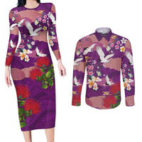 Hawaiian and Japanese Culture Together Couples Matching Long Sleeve Bodycon Dress and Long Sleeve Button Shirt Purple Ohia Lehua Plumeria and Sakura Blooming - Polynesian Pride