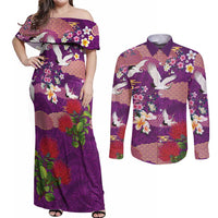 Hawaiian and Japanese Culture Together Couples Matching Off Shoulder Maxi Dress and Long Sleeve Button Shirt Purple Ohia Lehua Plumeria and Sakura Blooming - Polynesian Pride