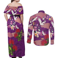 Hawaiian and Japanese Culture Together Couples Matching Off Shoulder Maxi Dress and Long Sleeve Button Shirt Purple Ohia Lehua Plumeria and Sakura Blooming - Polynesian Pride