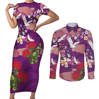 Hawaiian and Japanese Culture Together Couples Matching Short Sleeve Bodycon Dress and Long Sleeve Button Shirt Purple Ohia Lehua Plumeria and Sakura Blooming LT03 Purple - Polynesian Pride