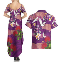Hawaiian and Japanese Culture Together Couples Matching Summer Maxi Dress and Hawaiian Shirt Purple Ohia Lehua Plumeria and Sakura Blooming LT03 - Polynesian Pride
