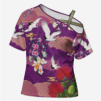 Hawaiian and Japanese Culture Together Cross Shoulder Shirt Purple Ohia Lehua Plumeria and Sakura Blooming - Polynesian Pride
