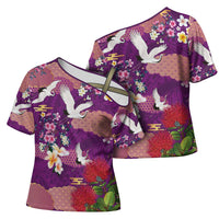 Hawaiian and Japanese Culture Together Cross Shoulder Shirt Purple Ohia Lehua Plumeria and Sakura Blooming - Polynesian Pride