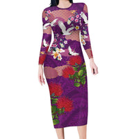 Hawaiian and Japanese Culture Together Family Matching Long Sleeve Bodycon Dress and Hawaiian Shirt Purple Ohia Lehua Plumeria and Sakura Blooming - Polynesian Pride