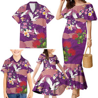 Hawaiian and Japanese Culture Together Family Matching Mermaid Dress and Hawaiian Shirt Purple Ohia Lehua Plumeria and Sakura Blooming - Polynesian Pride