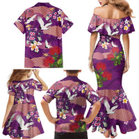 Hawaiian and Japanese Culture Together Family Matching Mermaid Dress and Hawaiian Shirt Purple Ohia Lehua Plumeria and Sakura Blooming - Polynesian Pride
