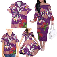 Hawaiian and Japanese Culture Together Family Matching Off The Shoulder Long Sleeve Dress and Hawaiian Shirt Purple Ohia Lehua Plumeria and Sakura Blooming - Polynesian Pride